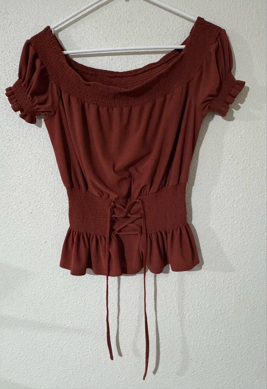 Sweet Wanderer Rust Smocked Lace-Up Off-Shoulder Boho Blouse Dark Romantic Y2K
